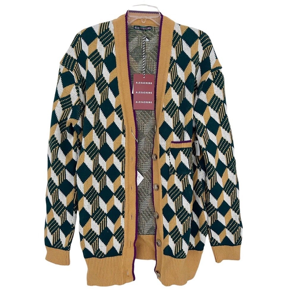 Alexa Chung Wool Geometric Jacquard Green Yellow Cardigan Sz M